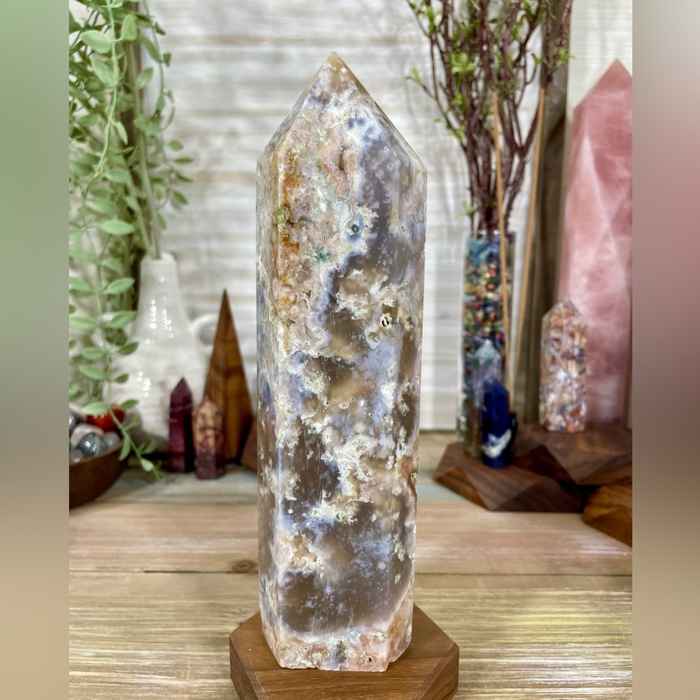 0875 Black Flower Agate Crystal Tower - Large 8 Inches Tall